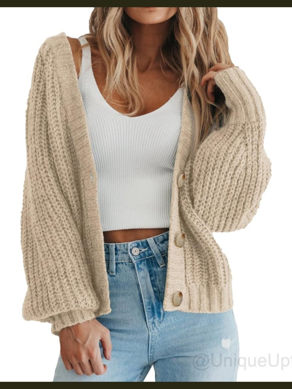 Chunky Knit Open Front V Neck Cardigan Sweater with Buttons Long Sleeve